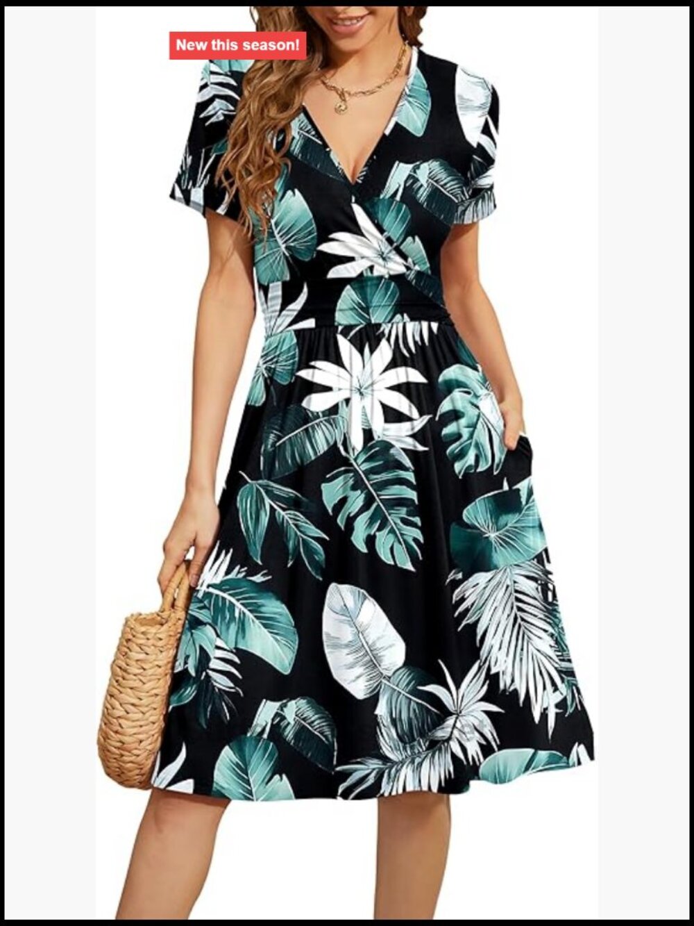 Women's Casual Floral A-Line Dress with Pockets V-Neck Short Sleeve